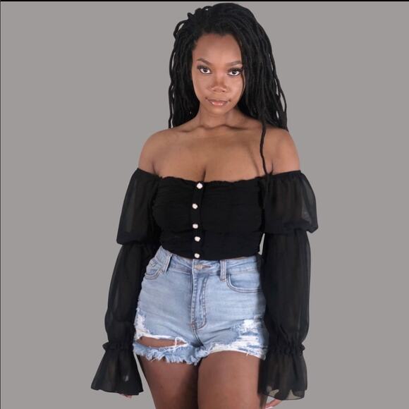 NWT Parisian Off Shoulder Ruched Sheer Top Womens 8 Black Romantic Coquette - Picture 3 of 5